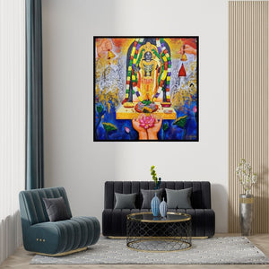Preview of 'Ram Lalla Pran Pratishtha (Lord Vishnu: An Offering of Devotion)' Painting by Arjun Das shown on a wall in a furnished room.