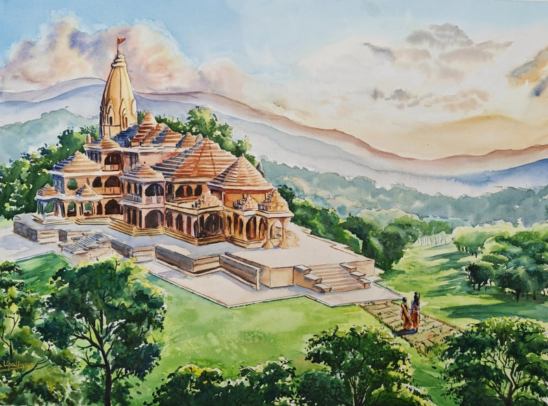 'Ram Mandir Ayodhya' religious watercolor painting by artist Lasya Upadhyaya, 22x30 inch, on paper