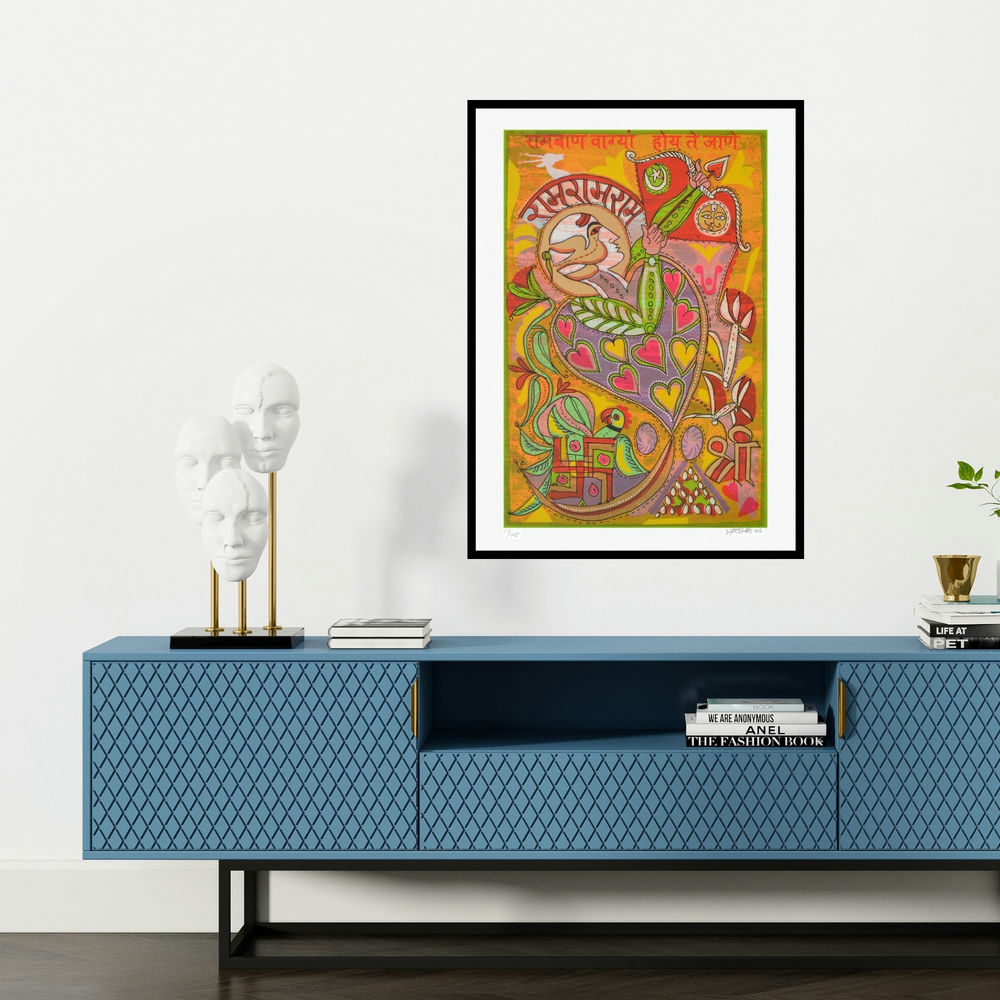 'Ram Ram (Divine Invocation)' painting by Jyoti Bhatt shown on a wall in a furnished room.