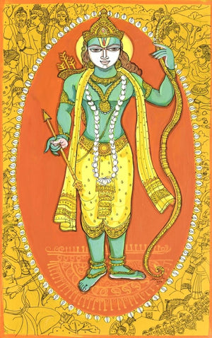 Religious acrylic pen painting titled 'Rama Avatar', 18x11 inches, by artist Manisha Srivastava on Canvas