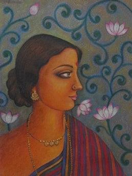 Ramani by Suparna Dey, Original Tempera Portrait Painting on Paper, Small Vertical Wall Art