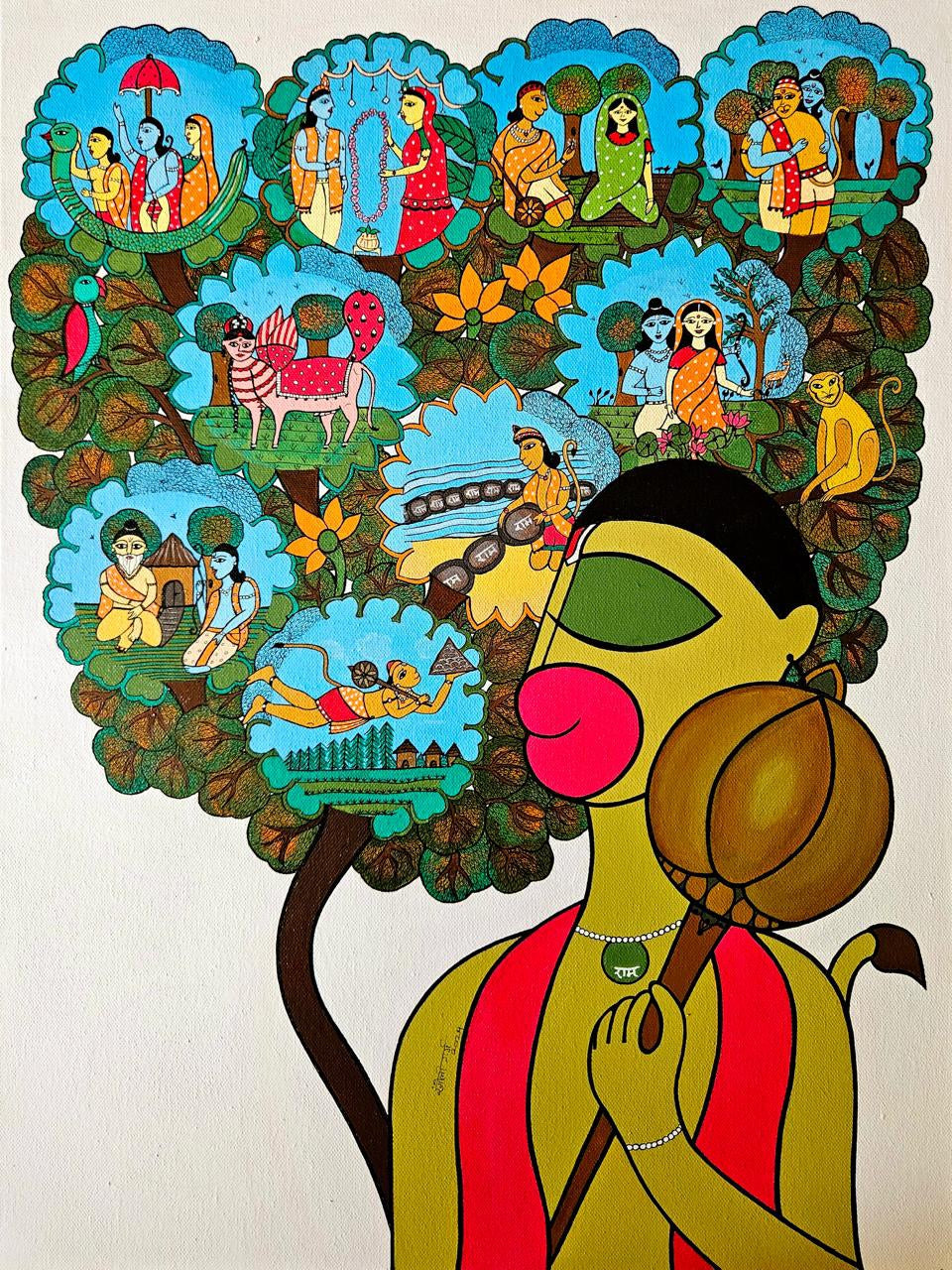 Ramayana' religious acrylic-ink painting by artist Rangoli Garg, 24x18 inch, on canvas