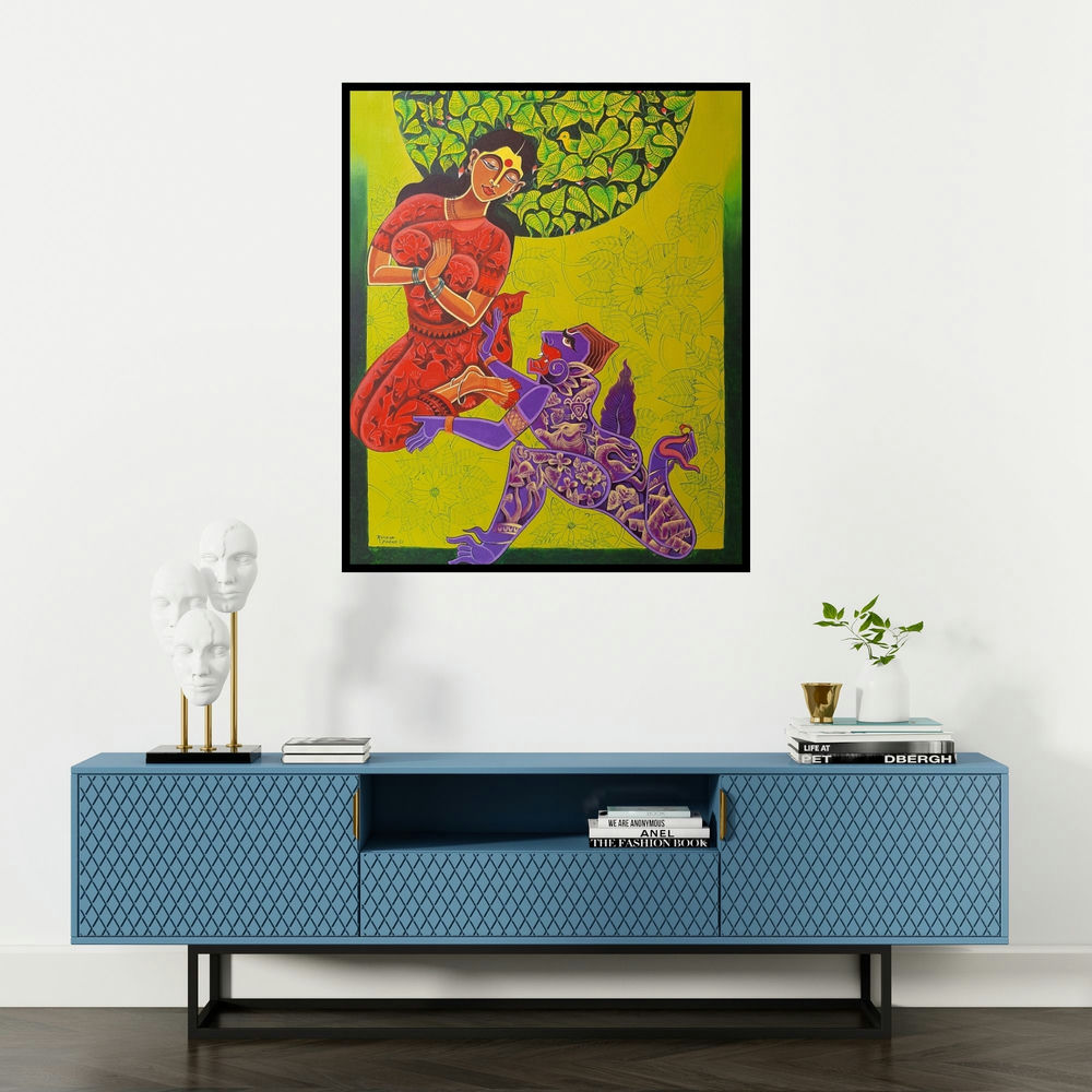 Ramana Peram's 'Ramayana Series 2 (Divine Encounter)' painting visualized above a sofa in a contemporary room.
