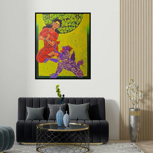 'Ramayana Series 2 (Divine Encounter)' painting by Ramana Peram shown on a wall in a furnished room.