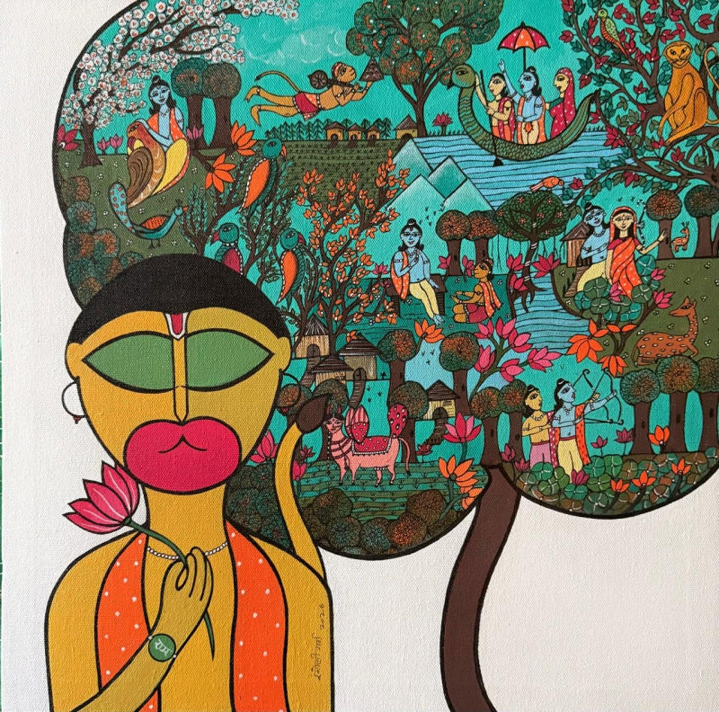 Ramayana Tales' religious acrylic-ink painting by artist Rangoli Garg, 16x16 inch, on canvas