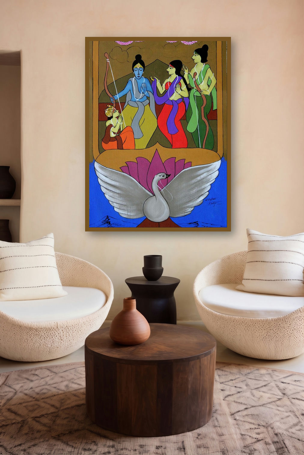 Ramchandra On Pushpak Viman (Return to Ayodhya) by artist Chetan Katigar displayed in a Contemporary gallery