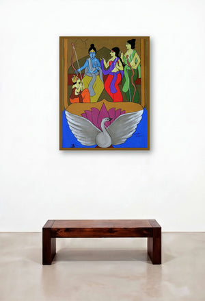 Ramchandra On Pushpak Viman (Return to Ayodhya) by artist Chetan Katigar displayed in a Urban Loft Bedroom