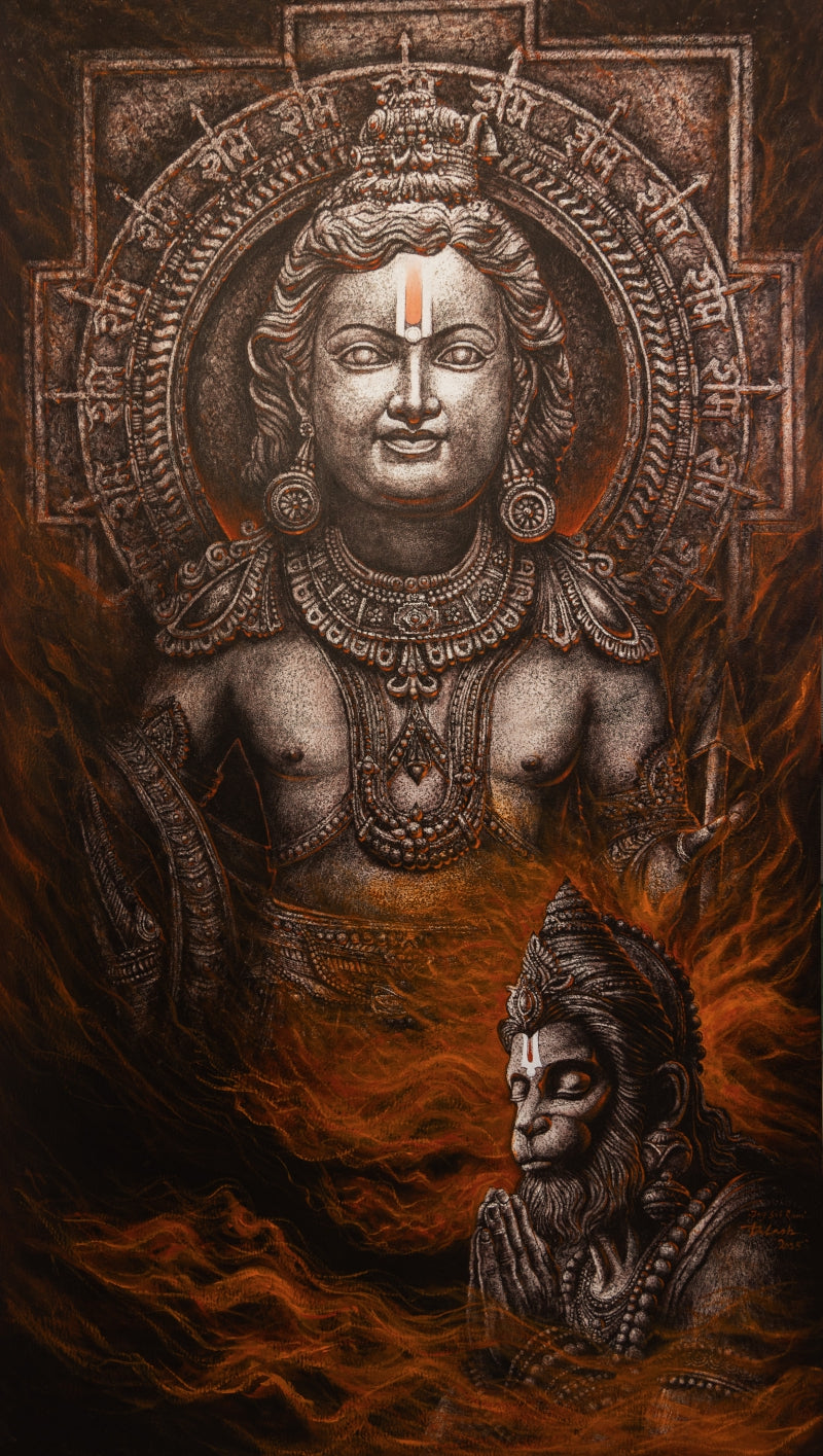 Ramlala' religious acrylic painting by artist Palash Halder, 84x48 inch, on canvas