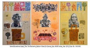 Ramnamis (Echoes of Faith: A Triptych of the Ramnami Tradition) by Bhuneshwar Azaad, Original Mixed Media Figurative Painting on Canvas, X-Large Horizontal Wall Art
