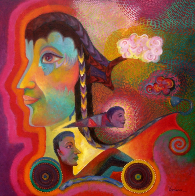Ramrath' figurative acrylic painting by artist Vandana Rakesh, 34x34 inch, on canvas