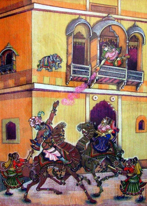 Rang Panchami (The Rajput Charge) by Anand Sonar, Original Mixed Media Figurative Painting on Handmade Paper, Medium Vertical Wall Art
