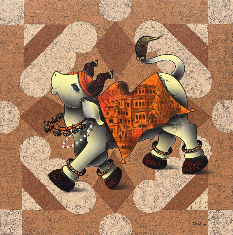 Rangoli A Welcome For Nandi' religious acrylic-charcoal painting by artist Paras Parmar, 36x36 inch, on canvas