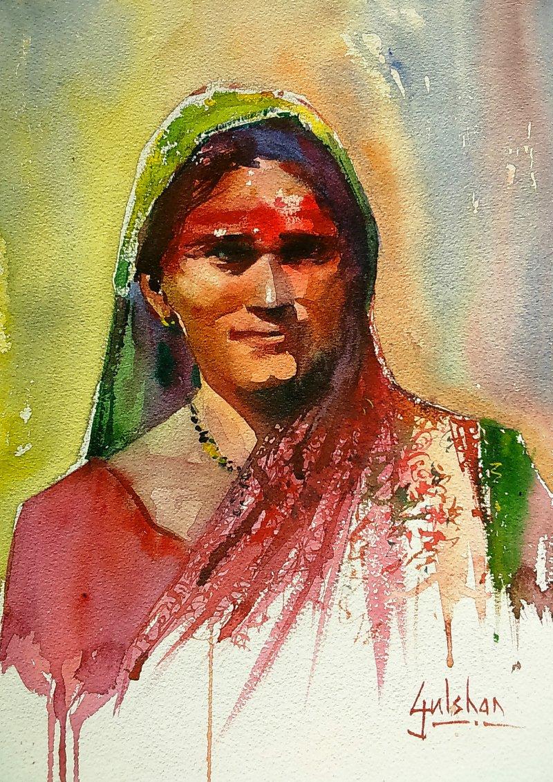 Figurative watercolor painting titled 'Rangu Watercolour', 14x11 inches, by artist Gulshan Achari on Paper