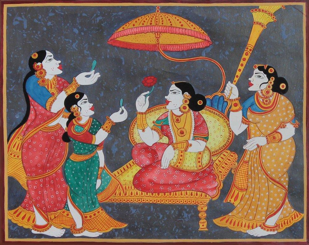 Figurative mixed media painting titled 'Rani enthroned', 12x15 inches, by artist Radhika Ulluru on Paper