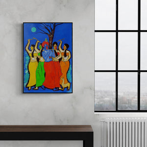Preview of 'Ras Leela' Painting by Chetan Katigar shown on a wall in a furnished room.
