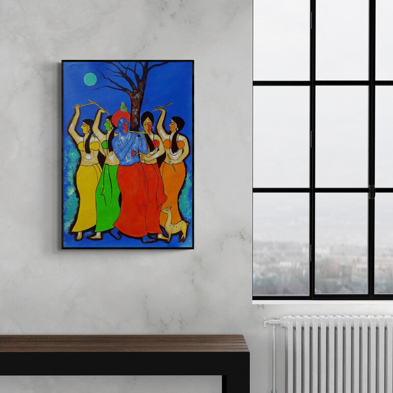 Preview of 'Ras Leela' Painting by Chetan Katigar shown on a wall in a furnished room.