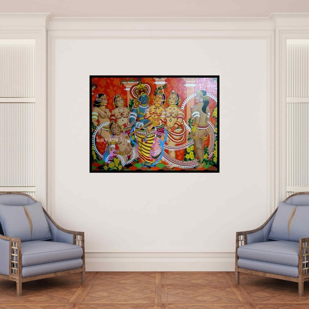 In-situ view of Narayanankutty Kasthuril's 'Rasaleela' painting in a room