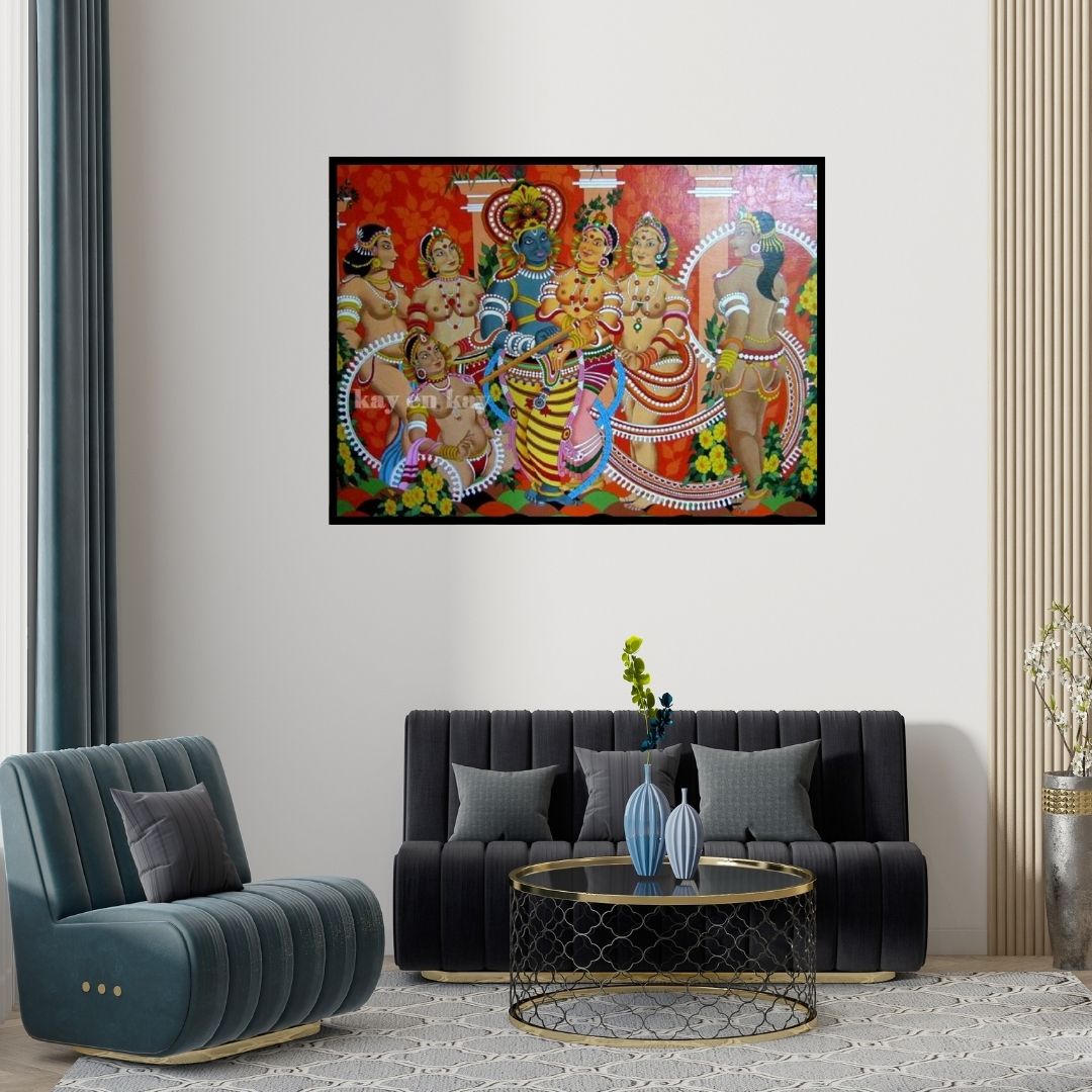Preview of 'Rasaleela' Painting by Narayanankutty Kasthuril shown on a wall in a furnished room.