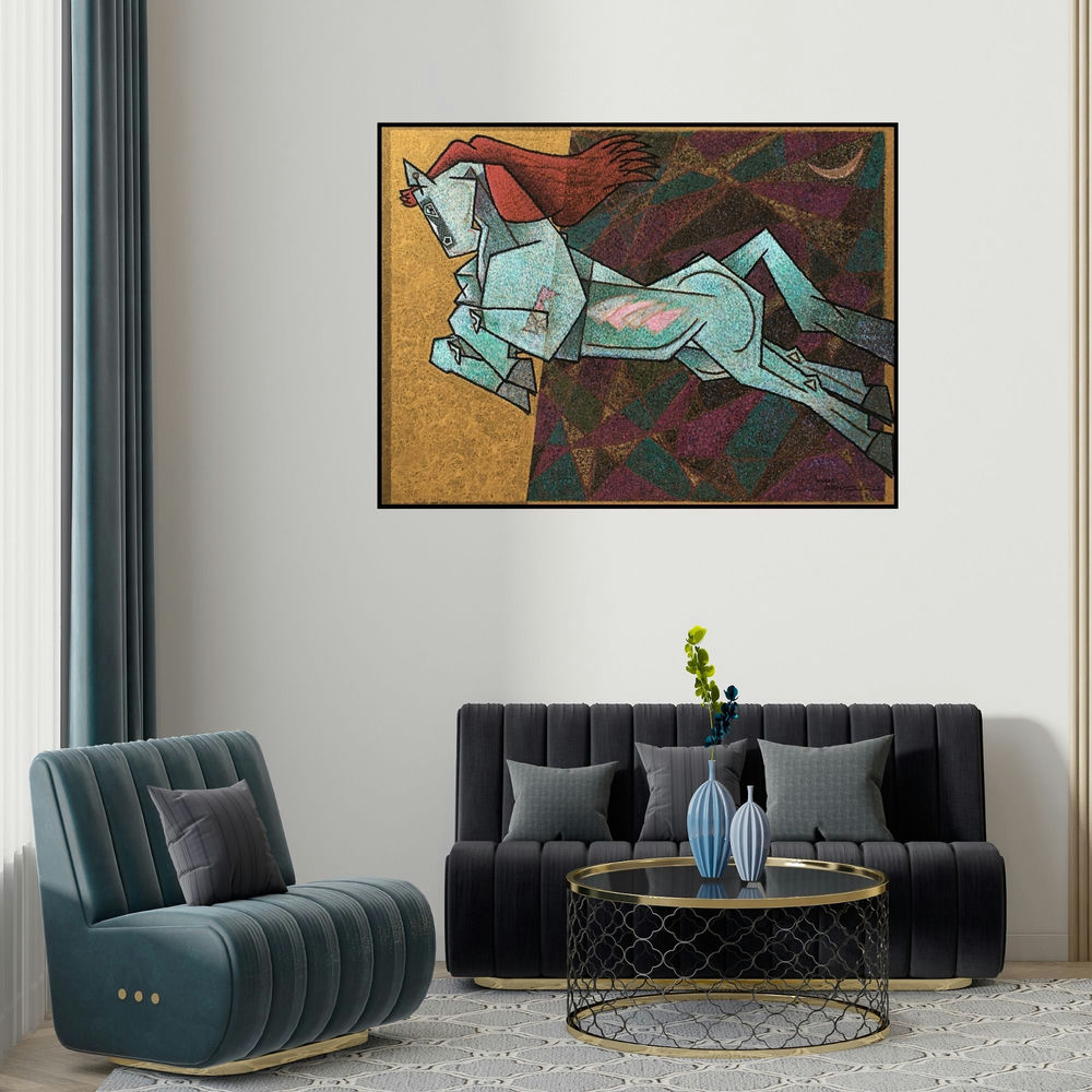 Dinkar Jadhav's 'Waltzing Horse (Celestial Steed**)' painting visualized above a sofa in a contemporary room.