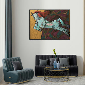 Dinkar Jadhav's 'Waltzing Horse (Celestial Steed**)' painting visualized above a sofa in a contemporary room.