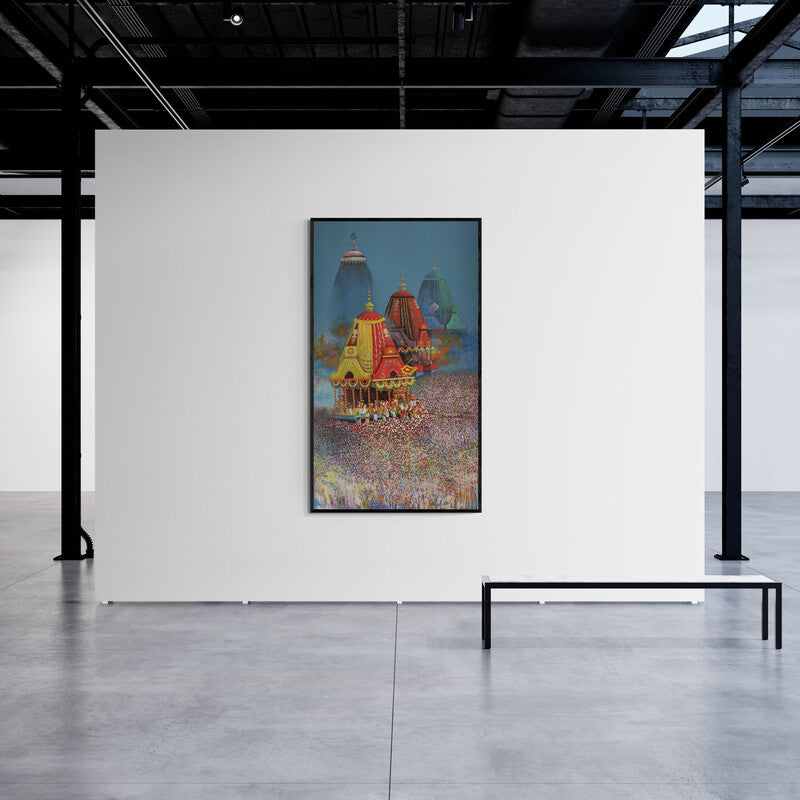 Preview of 'Rathayatra (The Grand Procession)' Painting by Amol Satre shown on a wall in a furnished room.