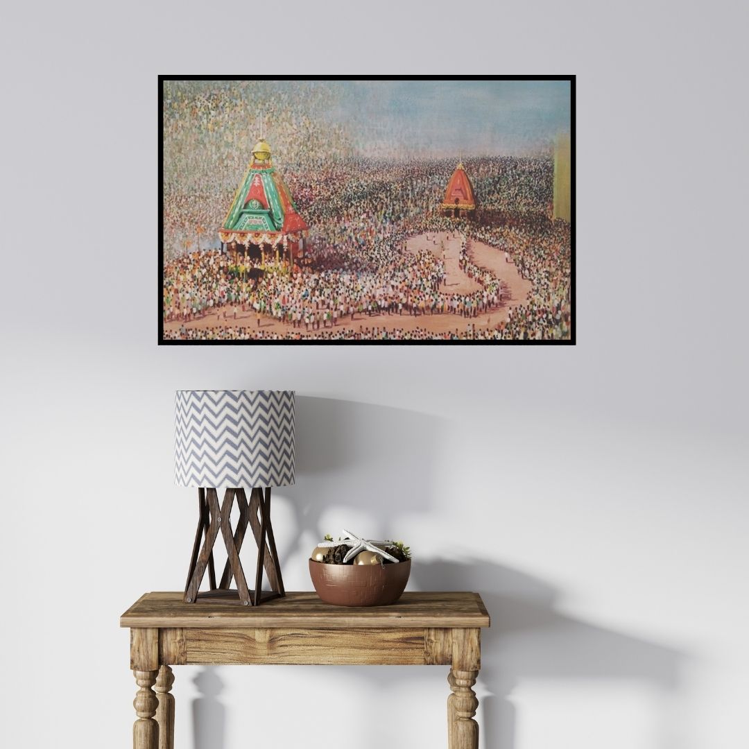 In-situ view of Amol Satre's 'Rathyatra (Journey of the Divine)' painting in a room
