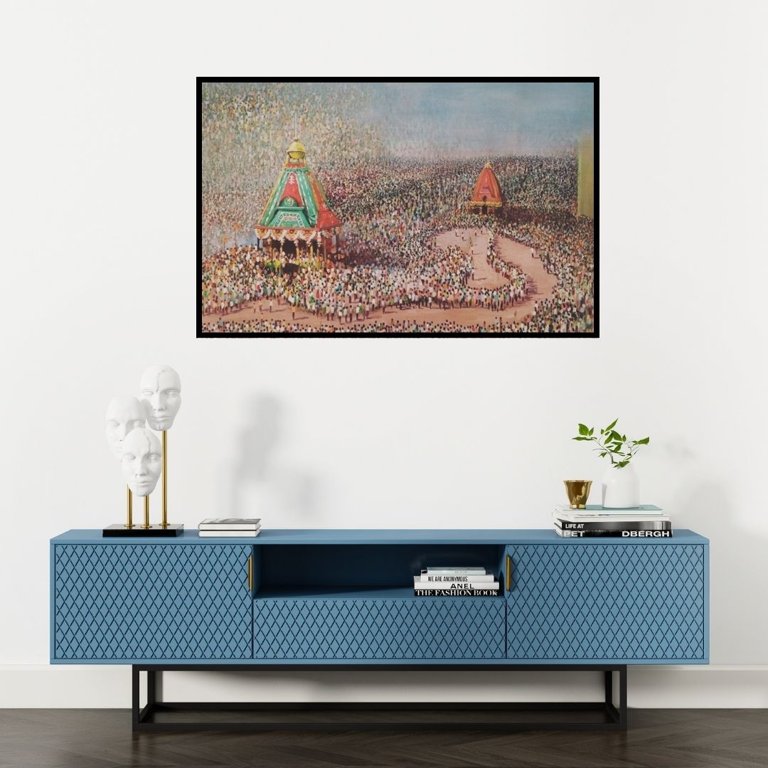 Preview of 'Rathyatra (Journey of the Divine)' Painting by Amol Satre shown on a wall in a furnished room.