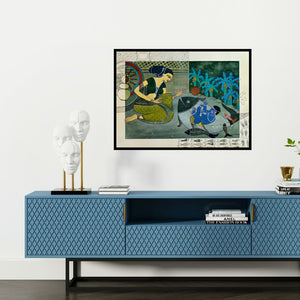 Preview of 'Rati (The First Incarnation)' Painting by Yojana Dehankar shown on a wall in a furnished room.