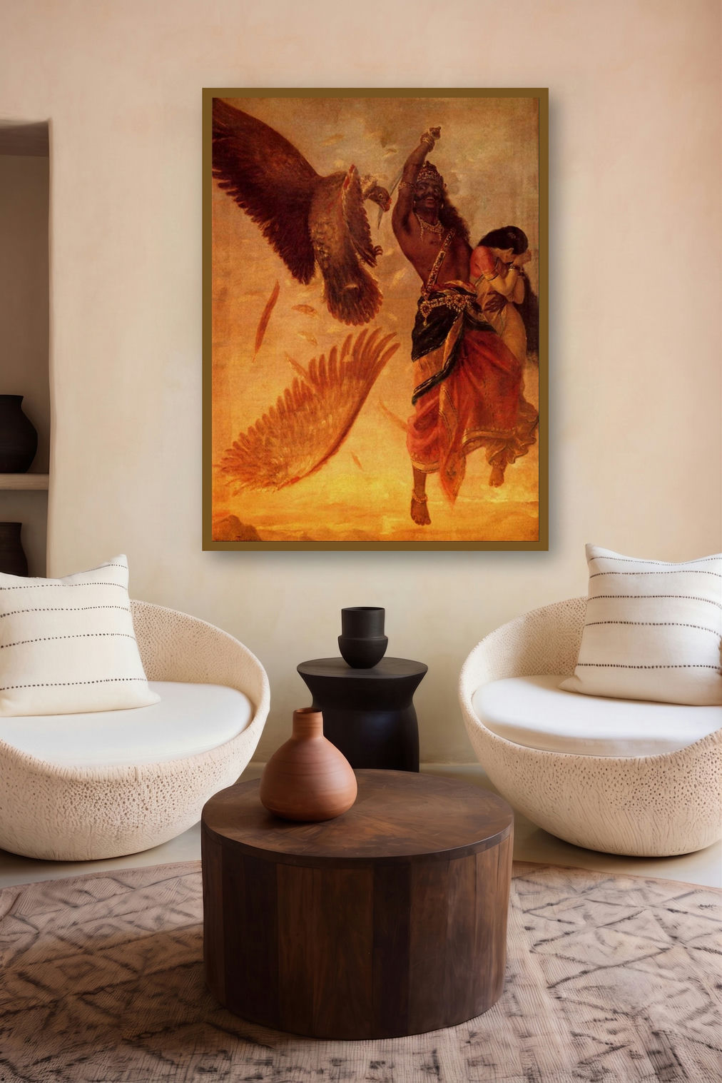 Ravana Abducting Sita (Abduction of Sita) by artist Raja Ravi Varma displayed in a Minimalist gallery