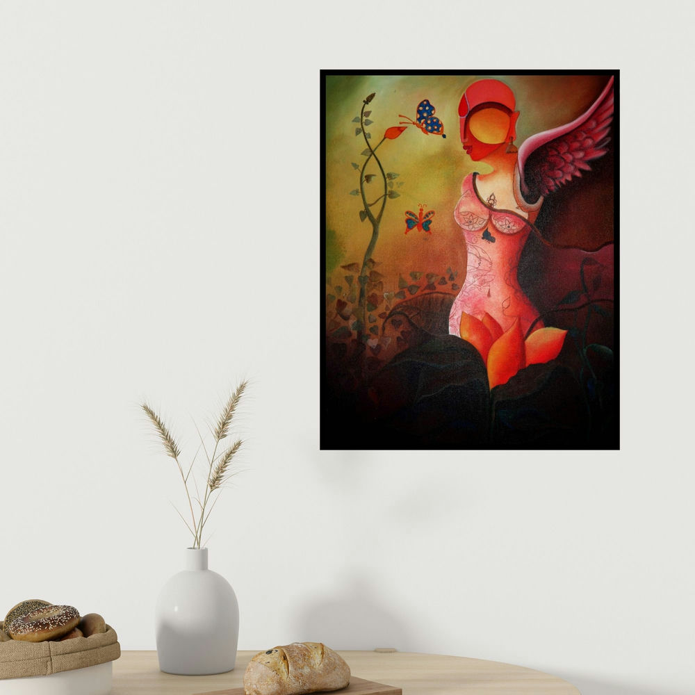 Anupam Pal's 'Raving Beauty' painting visualized above a sofa in a contemporary room.