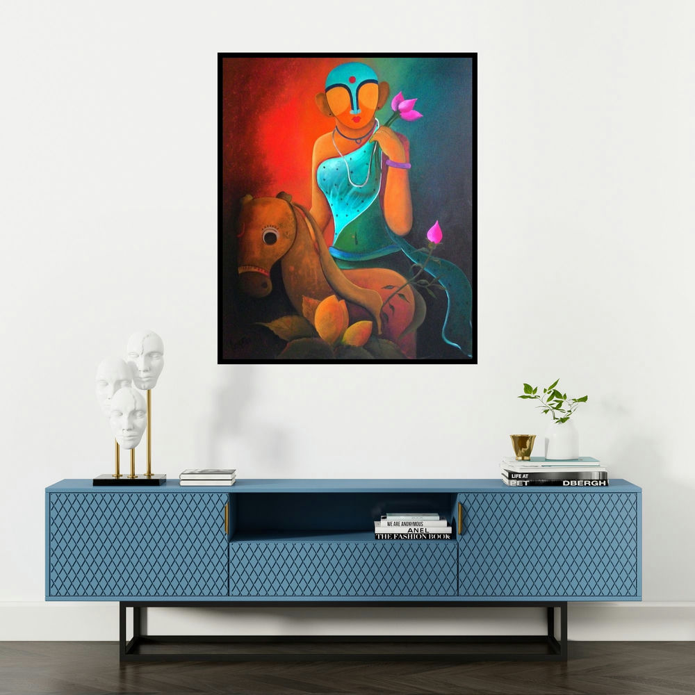 Anupam Pal's 'Raving Beauty2' painting visualized above a sofa in a contemporary room.