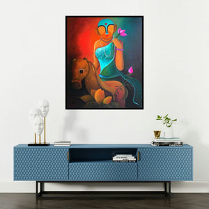 Anupam Pal's 'Raving Beauty2' painting visualized above a sofa in a contemporary room.