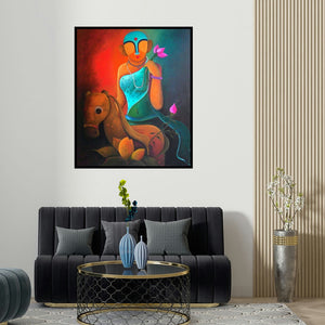 'Raving Beauty2' painting by Anupam Pal shown on a wall in a furnished room.