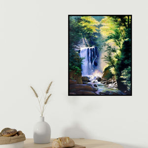 Nitin Kitukale's 'Rays Of Hope (Sunlit Serenity)' painting visualized above a sofa in a contemporary room.