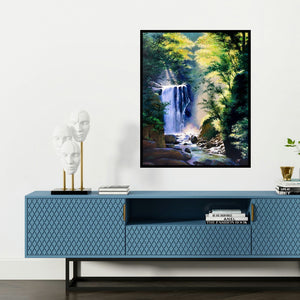 'Rays Of Hope (Sunlit Serenity)' painting by Nitin Kitukale shown on a wall in a furnished room.