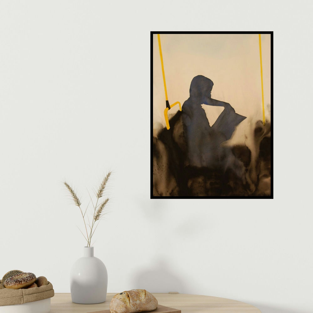 Manish Sutar's 'Reading Book In Bus (Lost in a Book: A Figurative Composition)' painting visualized above a sofa in a contemporary room.