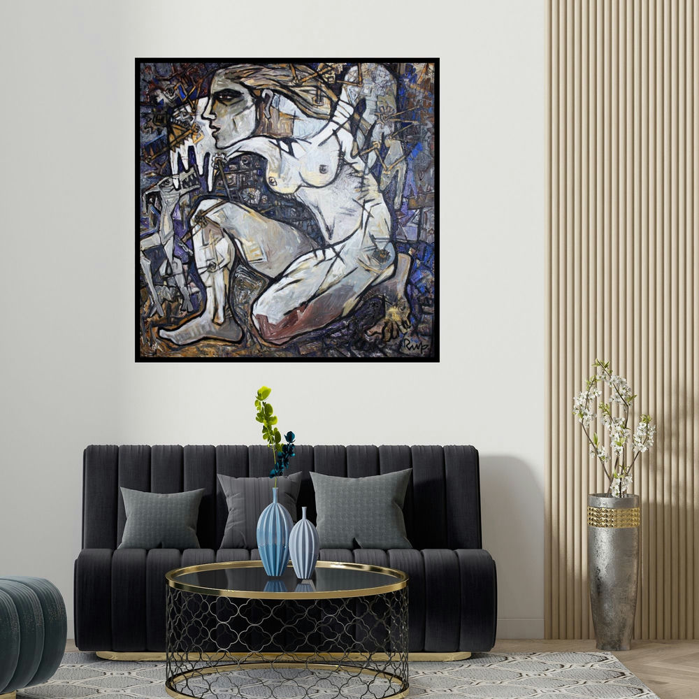Rupchand Kundu's 'Ready To Fly (Contemplative Form)' painting visualized above a sofa in a contemporary room.