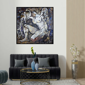Rupchand Kundu's 'Ready To Fly (Contemplative Form)' painting visualized above a sofa in a contemporary room.