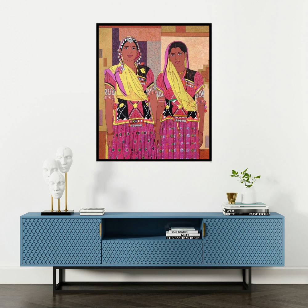 Gopal Nandurkar's 'Ready For The Holi Dance (Tribal Women)' painting visualized above a sofa in a contemporary room.