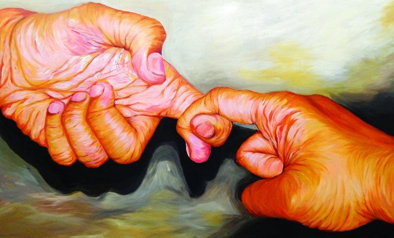 Figurative acrylic painting titled 'Realation', 47x71 inches, by artist Pratap Manna on Canvas