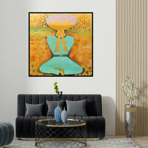 Poonam Agarwal's 'The Realm Beyond 2' painting visualized above a sofa in a contemporary room.