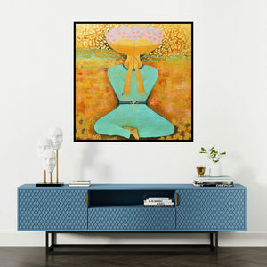 'The Realm Beyond 2' painting by Poonam Agarwal shown on a wall in a furnished room.