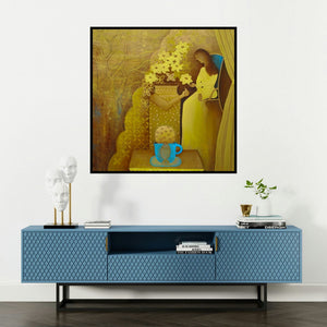 'The Realm Beyond' painting by Poonam Agarwal shown on a wall in a furnished room.