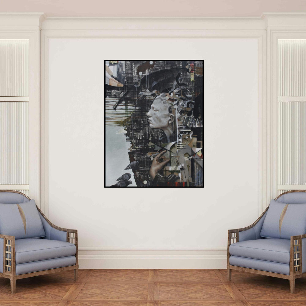 'Reciprocal (Urban Echoes)' painting by Vikram Nayak shown on a wall in a furnished room.