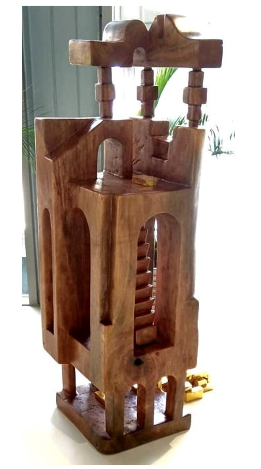 Reconstruction 2' contemporary Wood, Brass sculpture by artist Satya Vijay Singh, 30x12 inch, on wood, brass