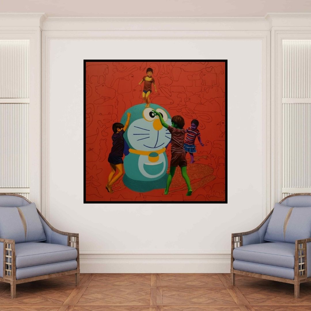 In-situ view of Jitendra Saini's 'Recreating Childhood' painting in a room