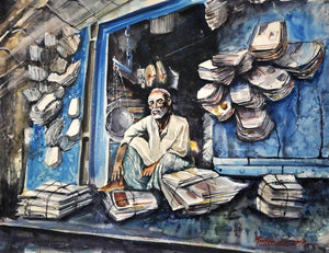 Recycle (A Day in the Life) by Mrutyunjaya Dash, Original Watercolor Lifestyle Painting on Paper, Small Horizontal Wall Art