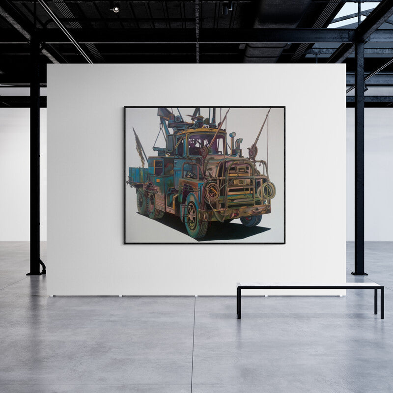 Preview of 'Recycler (Mad Max Machine**)' Painting by Murali Thrigulla shown on a wall in a furnished room.