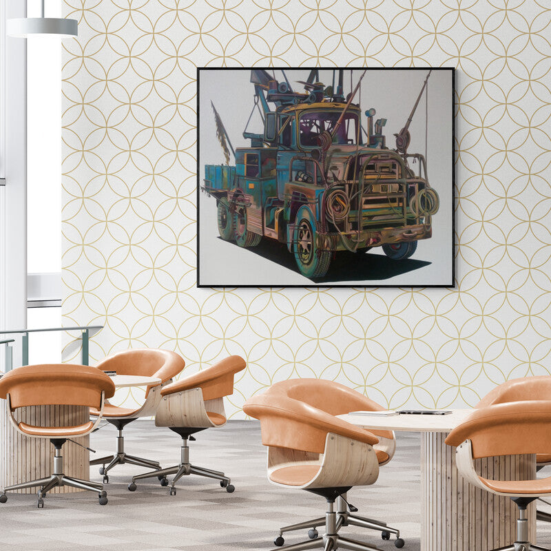 In-situ view of Murali Thrigulla's 'Recycler (Mad Max Machine**)' painting in a room