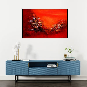 Preview of 'Red 18' Painting by Dnyaneshwar Dhavale shown on a wall in a furnished room.